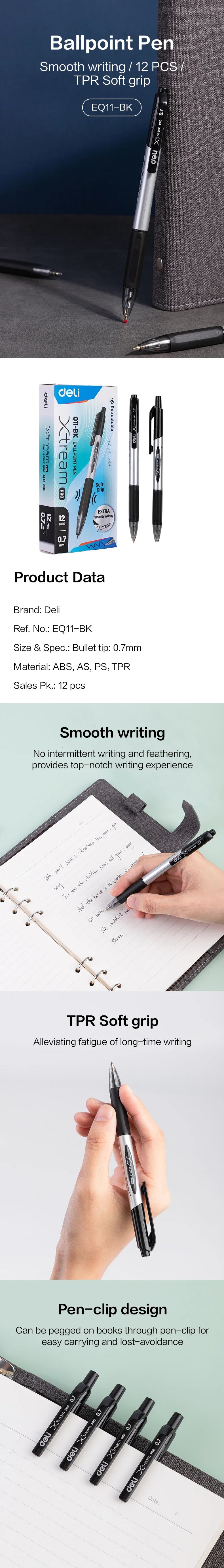 Deli 12pcs High Quality 0.7mm Ballpoint Pen Black Blue Ink Portable Signature Pen  Writing Tool For School Office Supplies