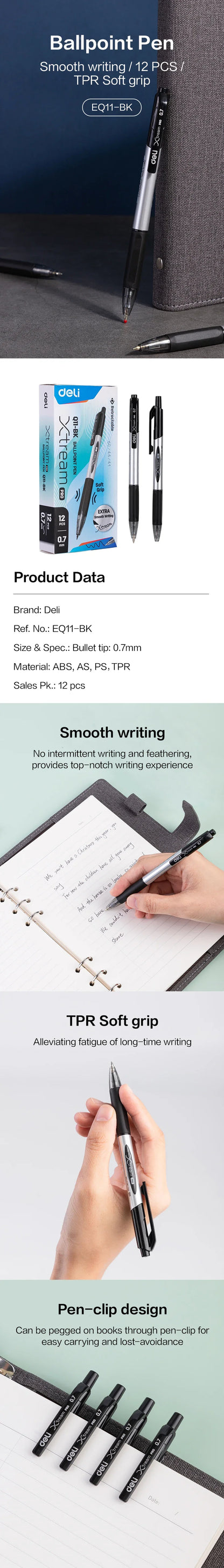 Deli 12pcs High Quality 0.7mm Ballpoint Pen Black Blue Ink Portable Signature Pen  Writing Tool For School Office Supplies