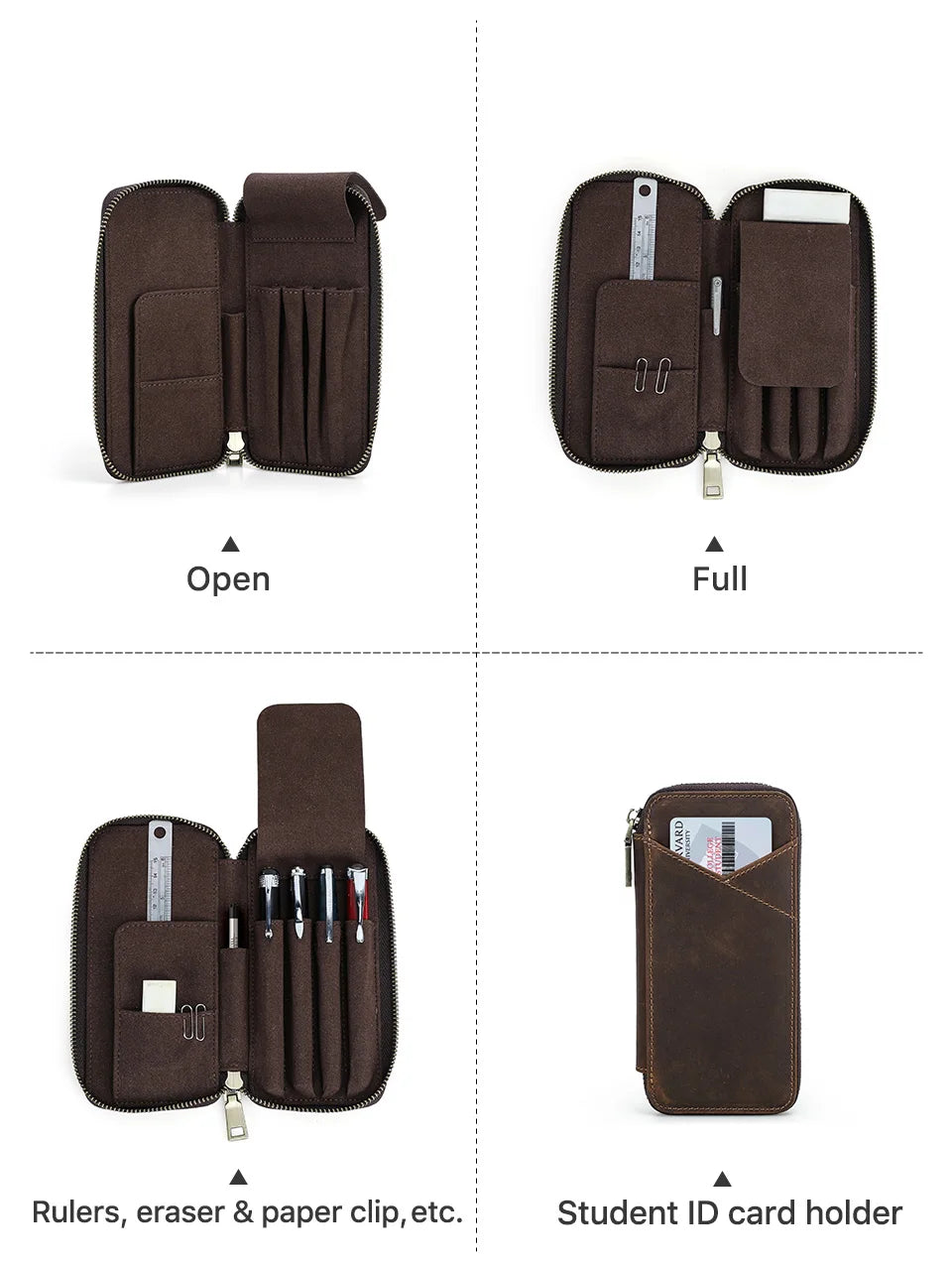 Genuine Leather Pencil Case with 4 Slots Handmade Multifunctional Zipper Fountain Pen Bag Office School Stationery Organizer Bag