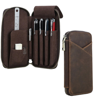 Genuine Leather Pencil Case with 4 Slots Handmade Multifunctional Zipper Fountain Pen Bag Office School Stationery Organizer Bag