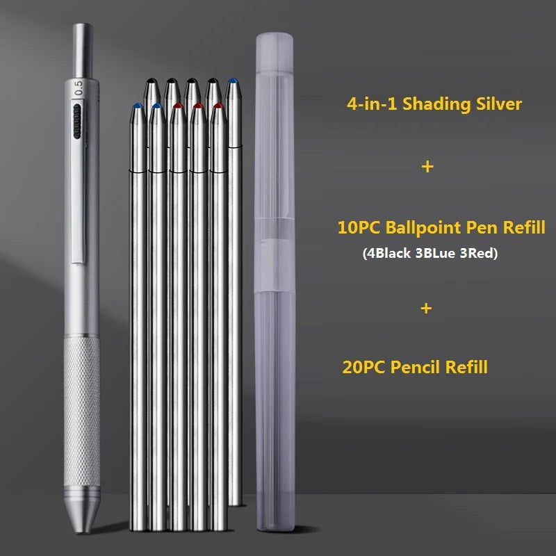 4 In 1 Multifunction Luxury Pen, 0.7mm 3 Color Ballpoint 0.5mm Mechanical Pencil, Gravity Sensor Metal Retractable Pens Długopis