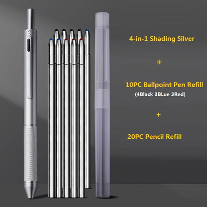 4 In 1 Multifunction Luxury Pen, 0.7mm 3 Color Ballpoint 0.5mm Mechanical Pencil, Gravity Sensor Metal Retractable Pens Długopis