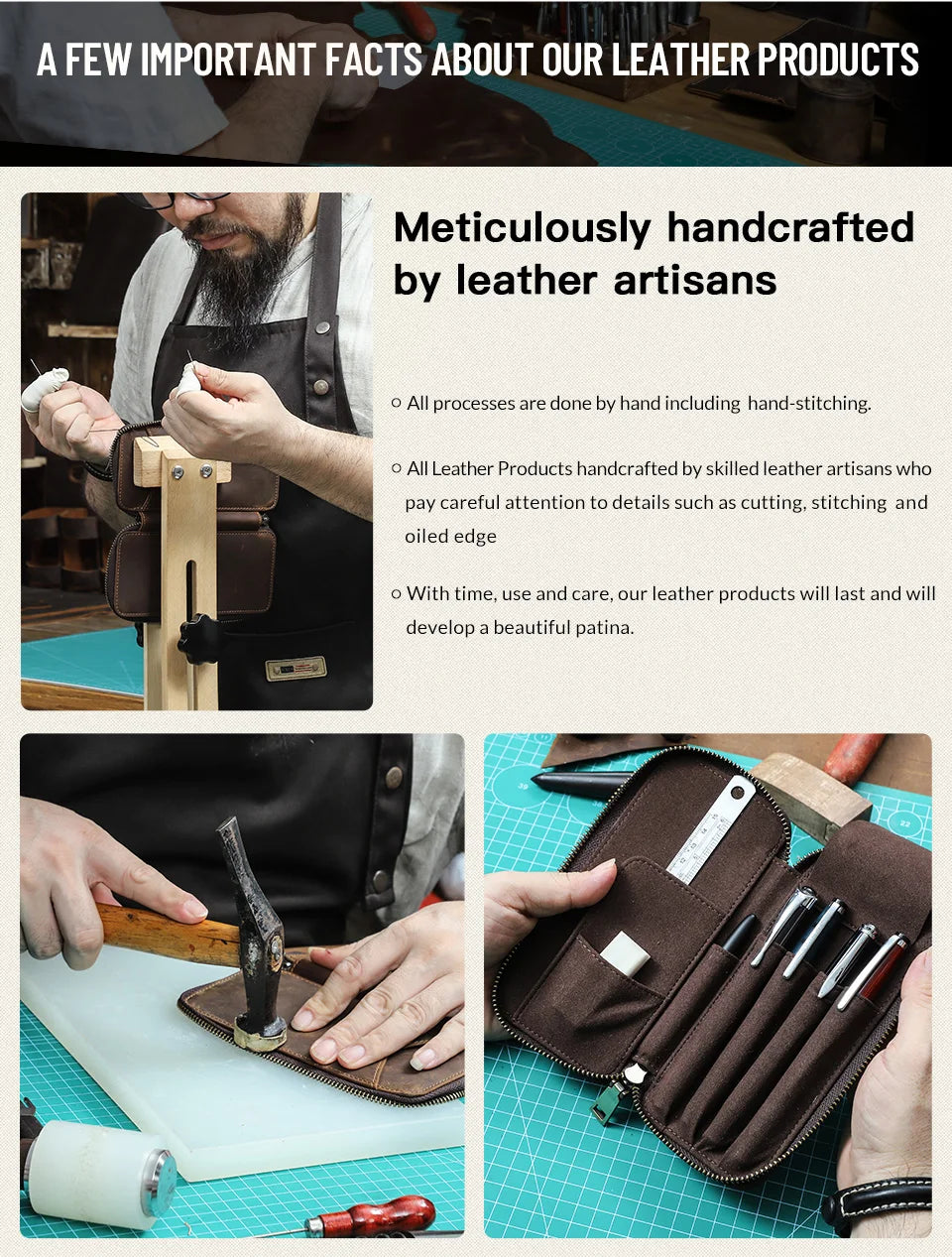 Genuine Leather Pencil Case with 4 Slots Handmade Multifunctional Zipper Fountain Pen Bag Office School Stationery Organizer Bag