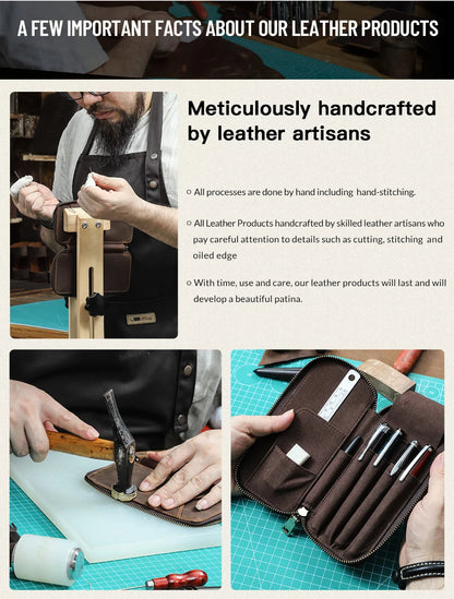 Genuine Leather Pencil Case with 4 Slots Handmade Multifunctional Zipper Fountain Pen Bag Office School Stationery Organizer Bag