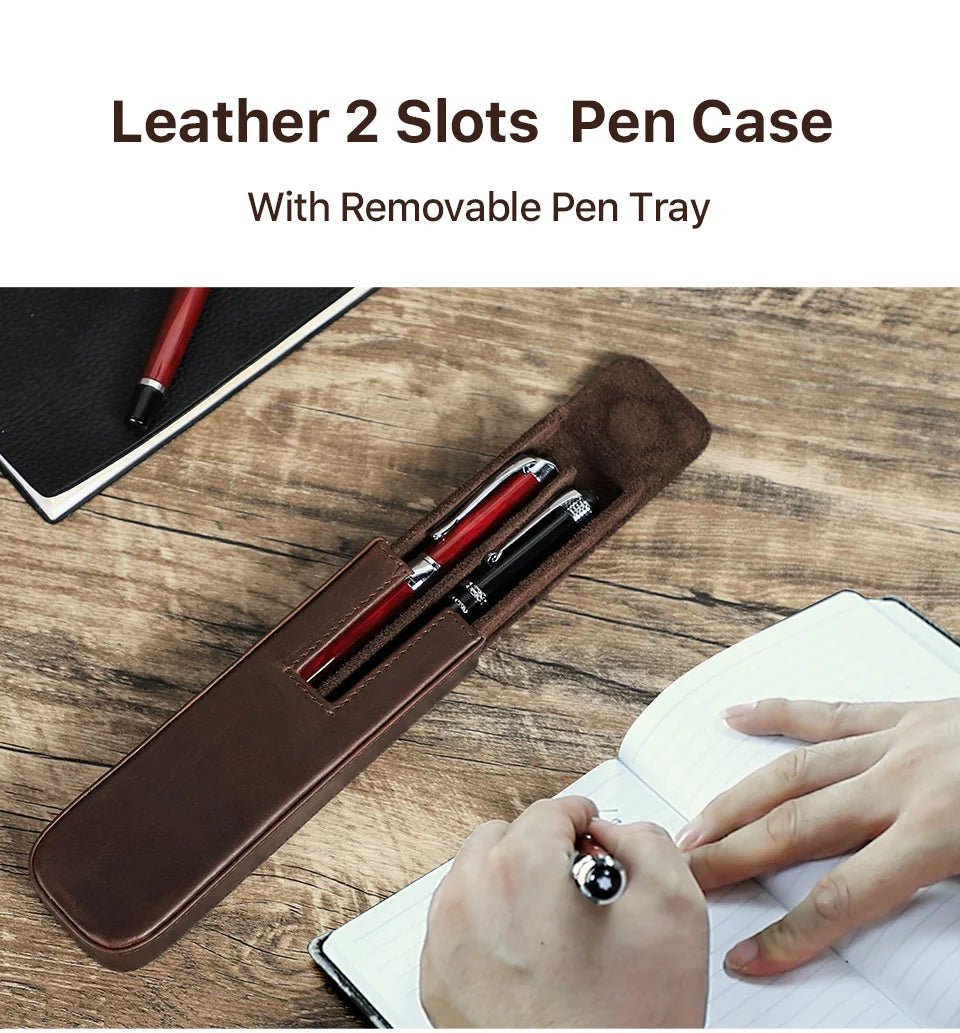 CONTACT'S FAMILY Leather 2 Slots Pen Case Magnetic buckle With Removable Pen Tray Holder Pencil Case Box Office School Pouch