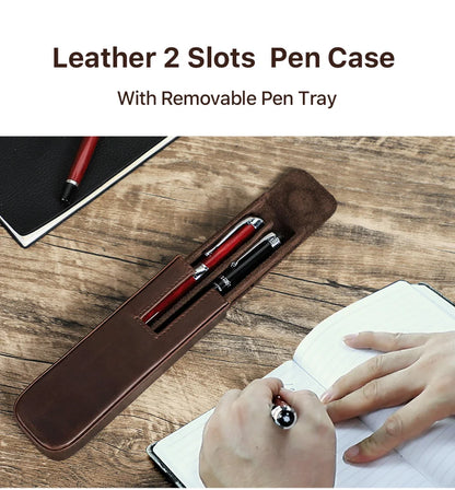 CONTACT'S FAMILY Leather 2 Slots Pen Case Magnetic buckle With Removable Pen Tray Holder Pencil Case Box Office School Pouch