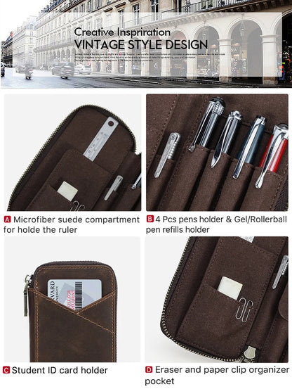 Genuine Leather Pencil Case with 4 Slots Handmade Multifunctional Zipper Fountain Pen Bag Office School Stationery Organizer Bag