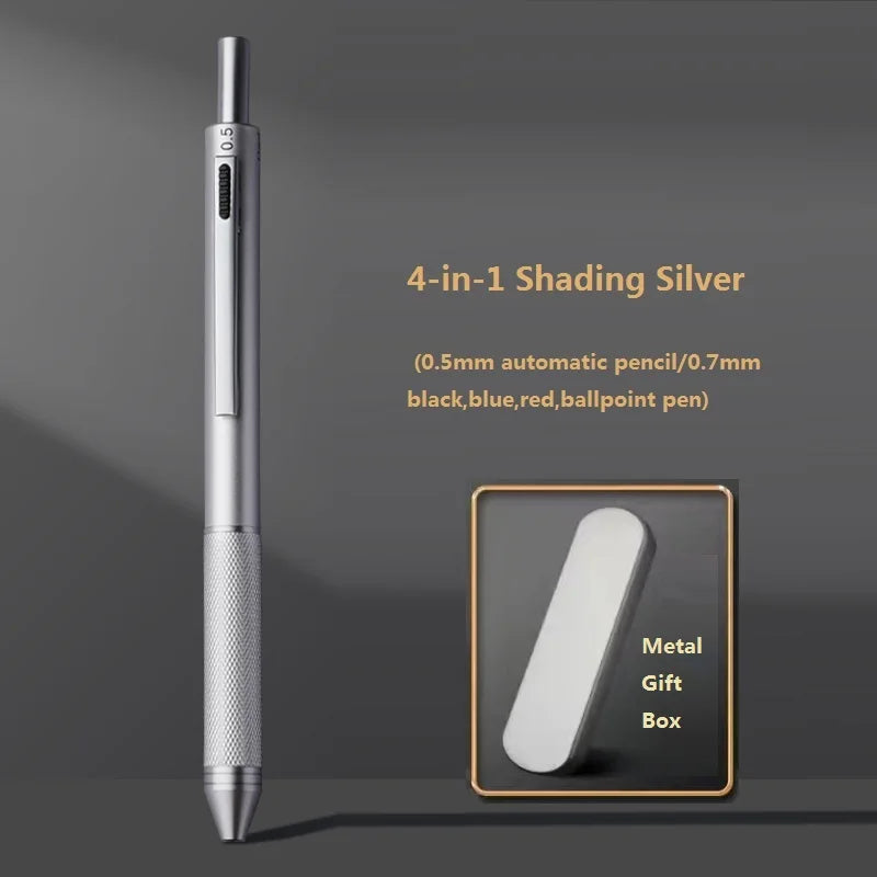 4 In 1 Multifunction Luxury Pen, 0.7mm 3 Color Ballpoint 0.5mm Mechanical Pencil, Gravity Sensor Metal Retractable Pens Długopis