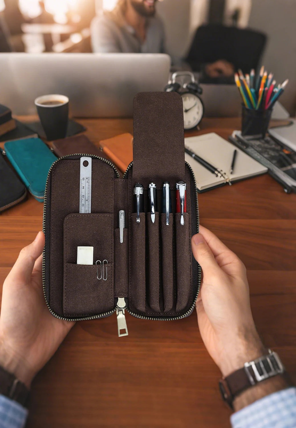 Genuine Leather Pencil Case with 4 Slots Handmade Multifunctional Zipper Fountain Pen Bag Office School Stationery Organizer Bag