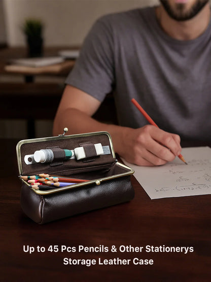 Handmade Vintage Genuine Leather Pencil Case Retro Storage Box for Office School Supplies Best Gift