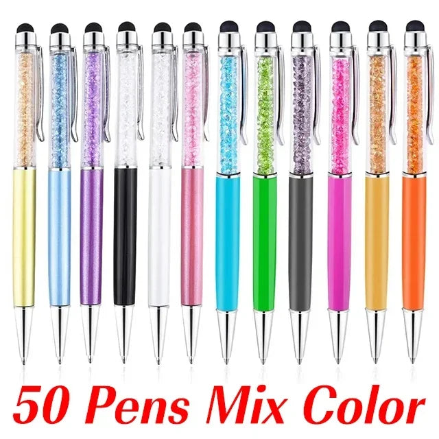 50Pens Crystal Metal Ballpoint Pen Fashion Creative Stylus Touch for Writing Stationery Office School Gift Free Custom Logo
