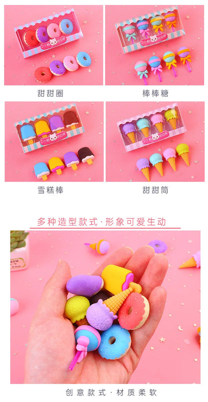 4 Pieces Per Set Cute Donut Dessert Eraser Simulation Dessert Shape ThreeDimensional Detachable Student Learning Stationery