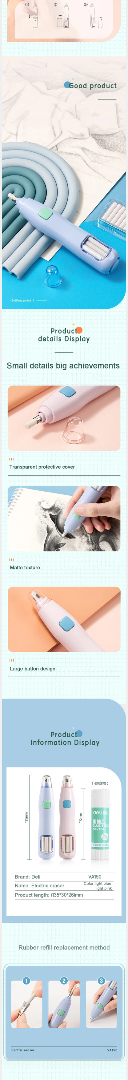 Deli Adjustable Electric Eraser for Sketch Drawing Erasing Writing with Rubber Refills Electric Rubber Pen School Pencil Eraser