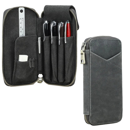 Genuine Leather Pencil Case with 4 Slots Handmade Multifunctional Zipper Fountain Pen Bag Office School Stationery Organizer Bag