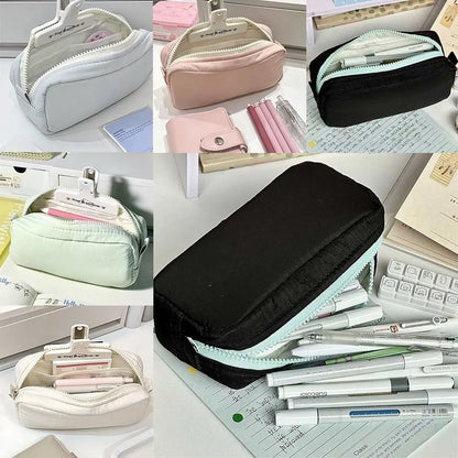 Simplicity Solid Color Pen Bag Zipper Design Large Capacity Pencil Case Portable Stationery Organizer Student Back to school