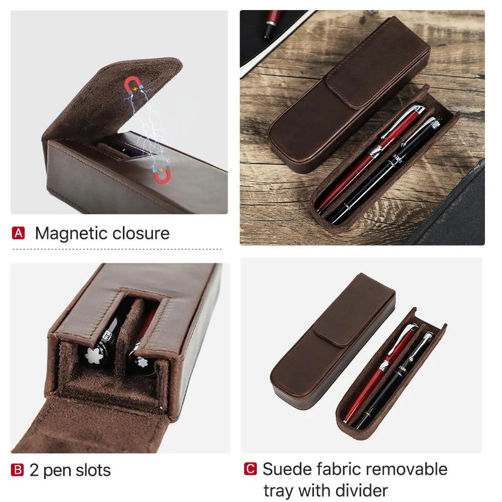 CONTACT'S FAMILY Leather 2 Slots Pen Case Magnetic buckle With Removable Pen Tray Holder Pencil Case Box Office School Pouch