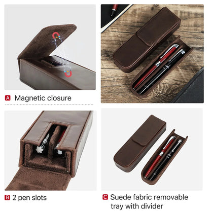 CONTACT'S FAMILY Leather 2 Slots Pen Case Magnetic buckle With Removable Pen Tray Holder Pencil Case Box Office School Pouch