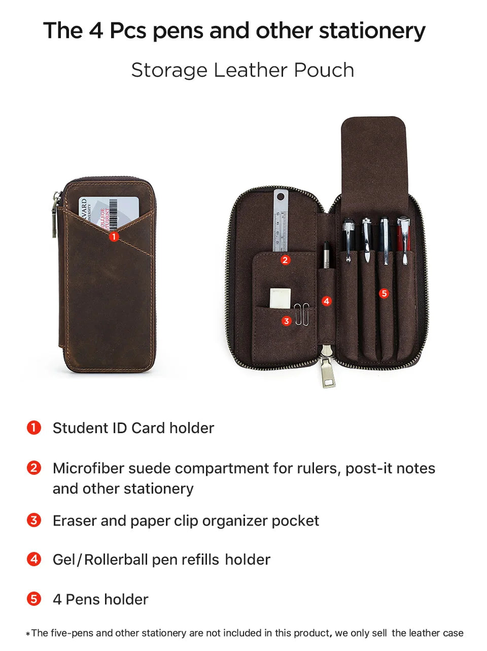 Genuine Leather Pencil Case with 4 Slots Handmade Multifunctional Zipper Fountain Pen Bag Office School Stationery Organizer Bag