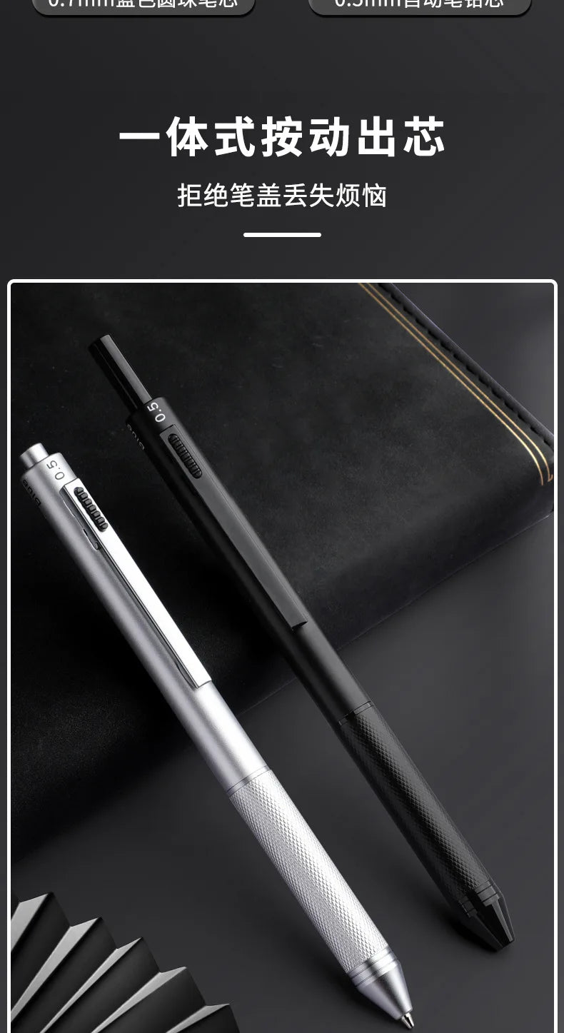 4 In 1 Multifunction Luxury Pen, 0.7mm 3 Color Ballpoint 0.5mm Mechanical Pencil, Gravity Sensor Metal Retractable Pens Długopis