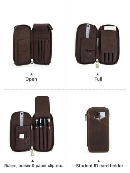 Genuine Leather Pencil Case with 4 Slots Handmade Multifunctional Zipper Fountain Pen Bag Student Stationery Pen Box